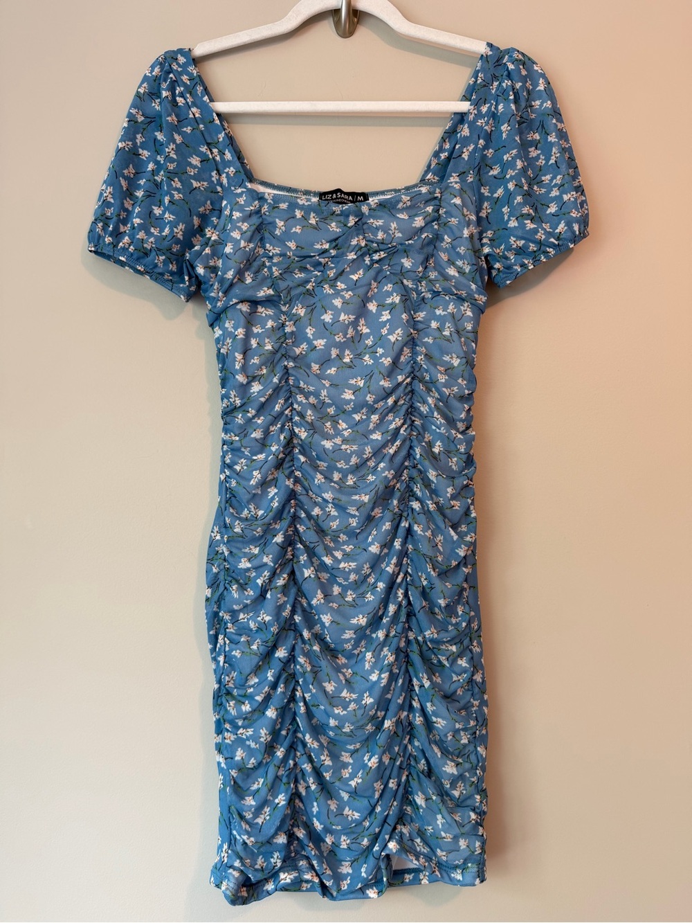 Liz & Sara Blue Floral Mesh Ruched Bodycon Mini Dress Sz M VGUC